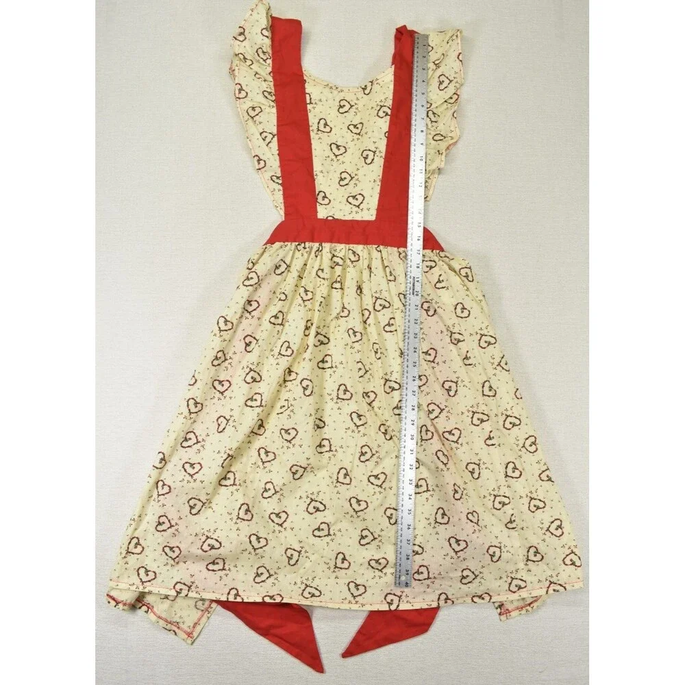 VTG Handmade Ruffle Pinafore Apron Cream Red Hearts Cottagecore Retro Kitchen